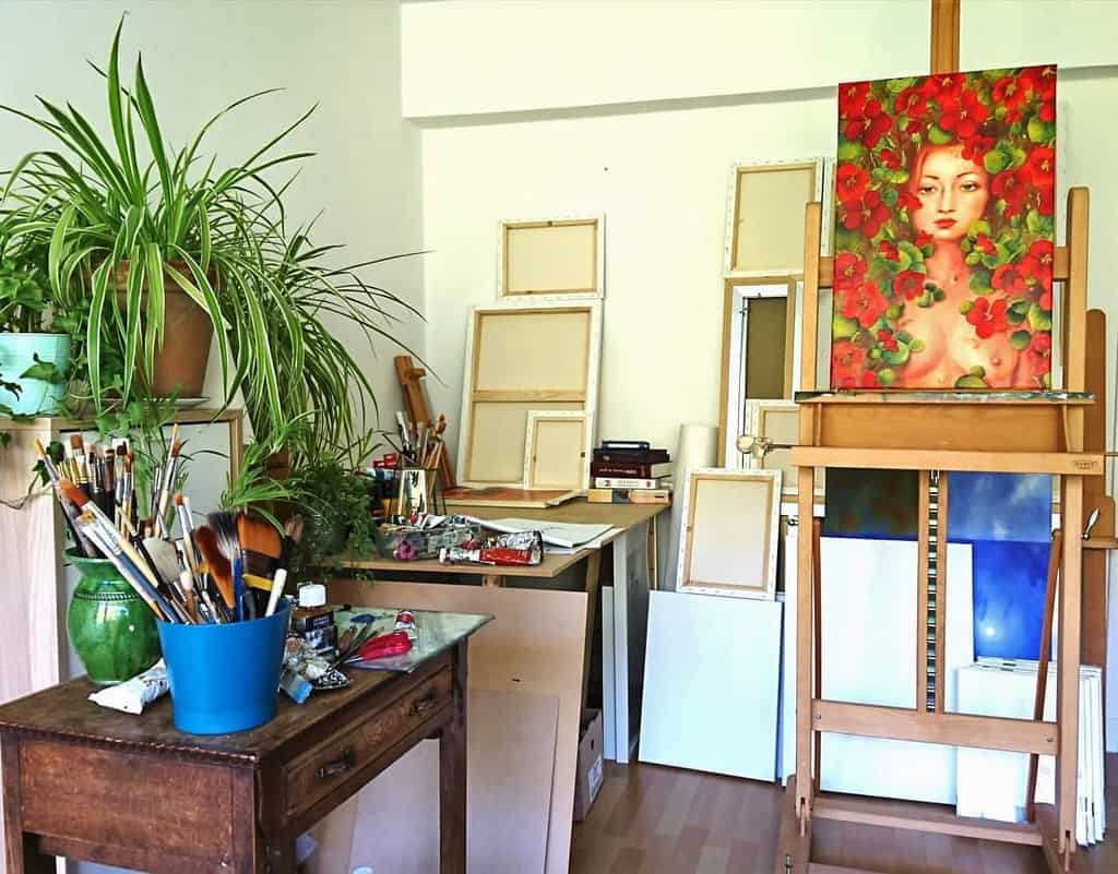 Art studio with potted plants