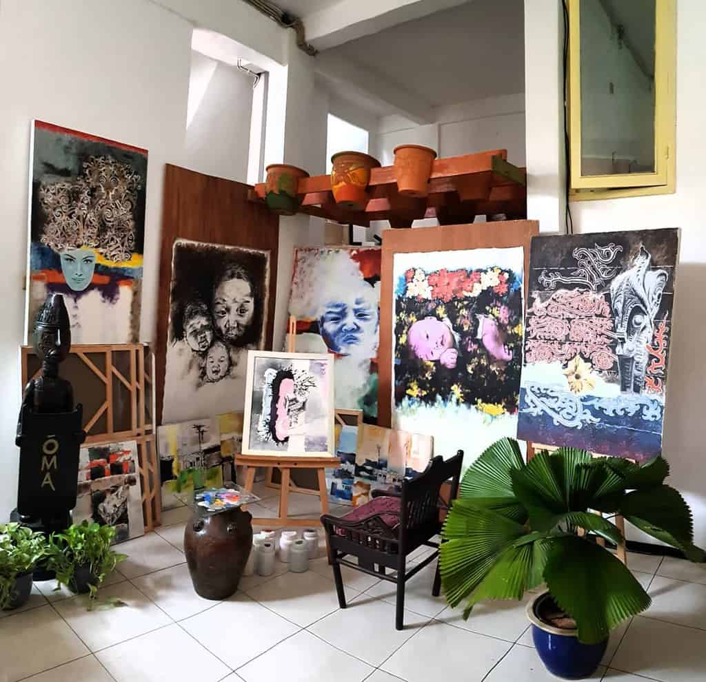 Art studio with potted plants