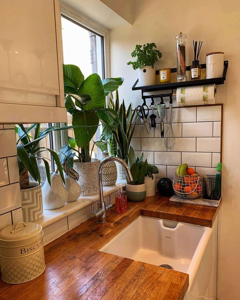 Black metal shelf above a farmhouse sink holds spices, plants, and paper towels, with hooks for utensils, adding function to a cozy kitchen