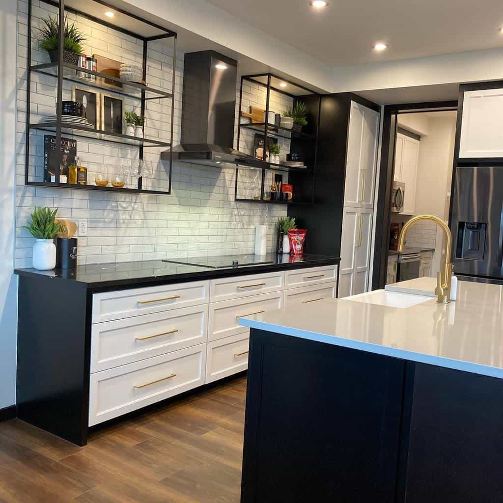 Black metal-framed shelves with glass panels hold decor, plants, and glassware, adding a sleek touch to this modern black-and-white kitchen