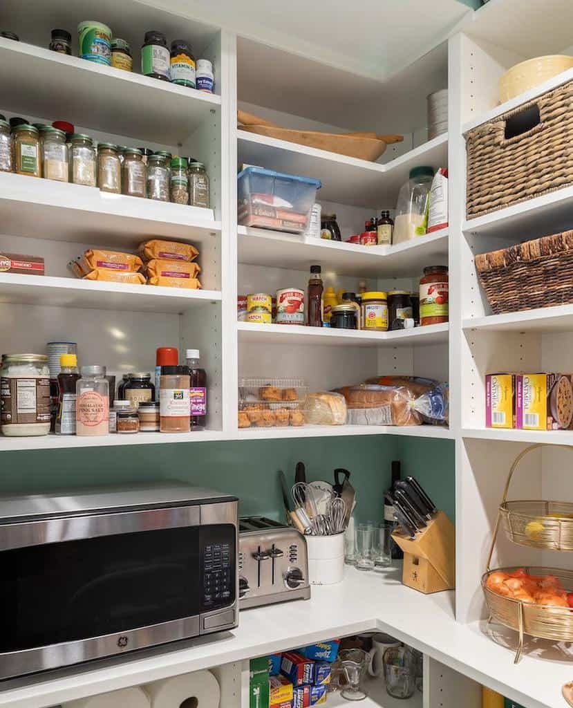 Pantry shelves with various food items, jars, and spices; a microwave and toaster are on the counter with utensils and fruit bowls nearby