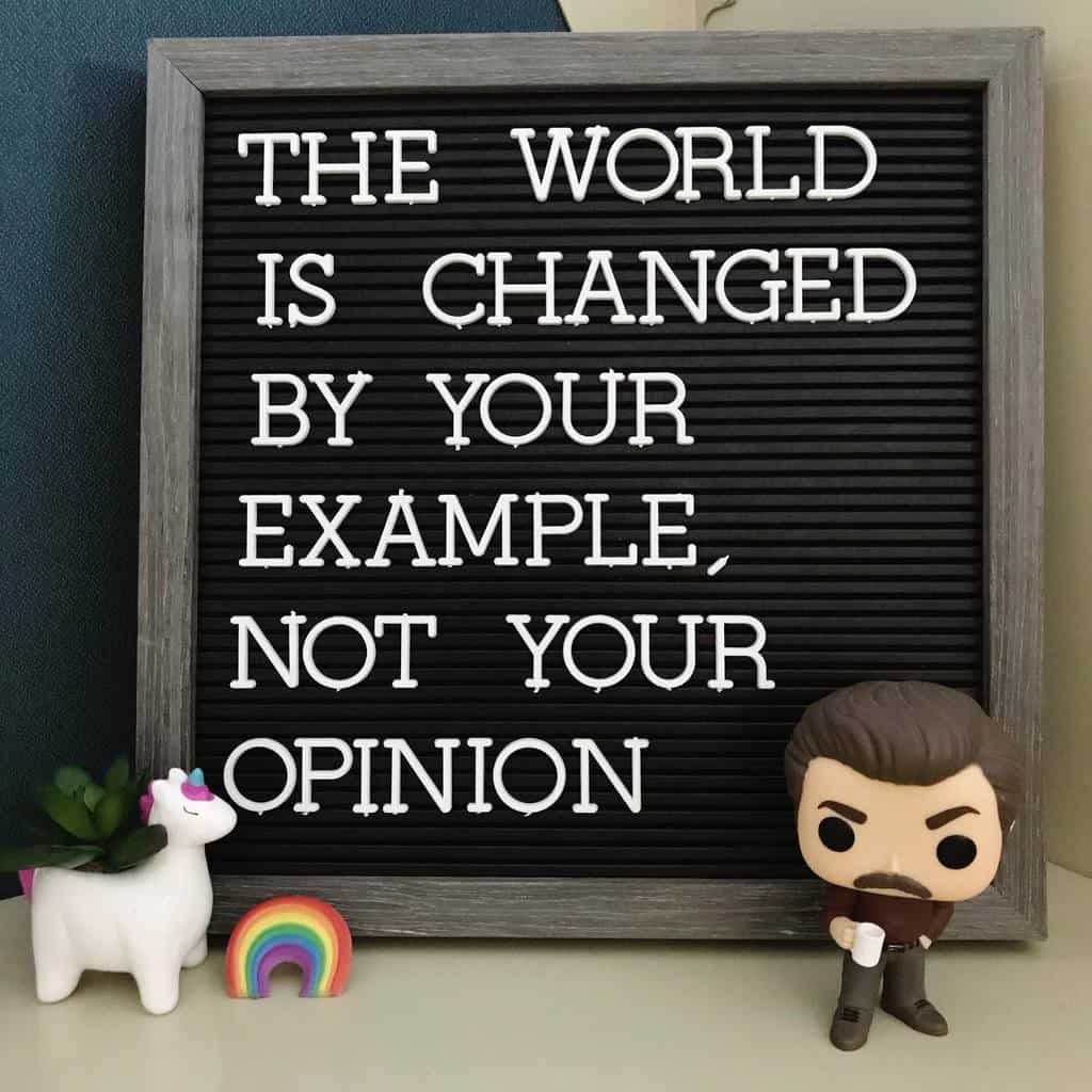 Sign reads "The world is changed by your example, not your opinion" and includes a unicorn plant holder, rainbow, and a figurine