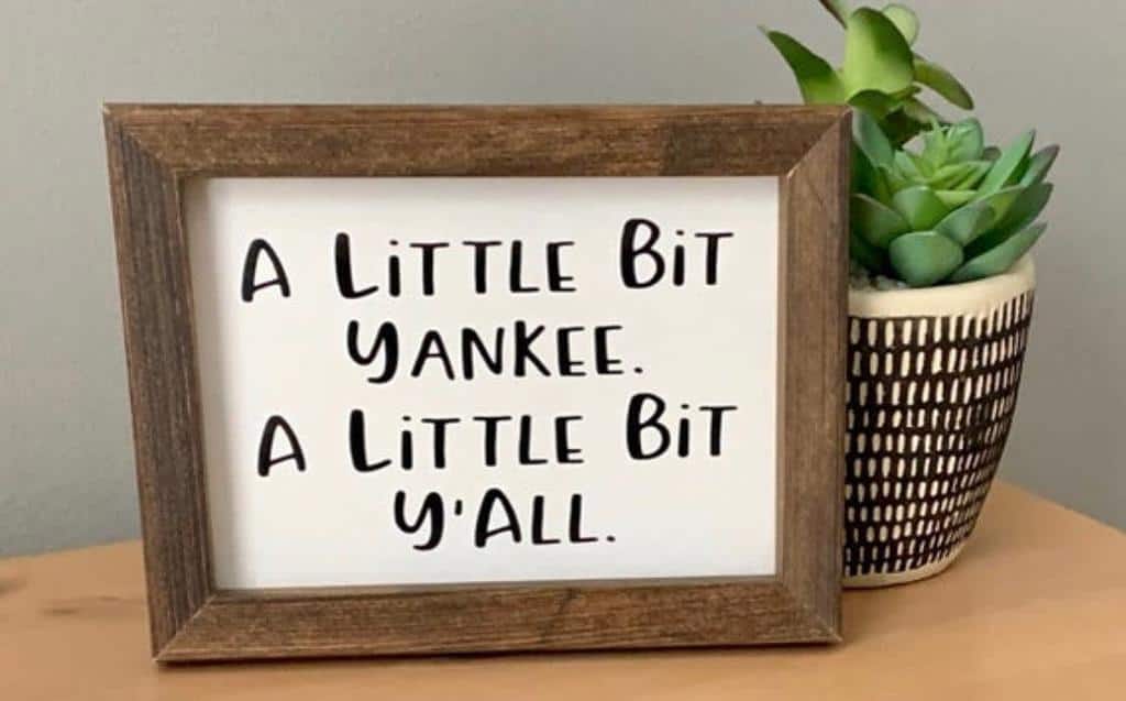 Framed sign reads "A Little Bit Yankee. A Little Bit Y'all" next to a potted succulent