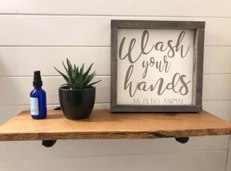 A wooden shelf holds a blue spray bottle, a small potted plant, and a framed sign reading "Wash your hands ya filthy animal"