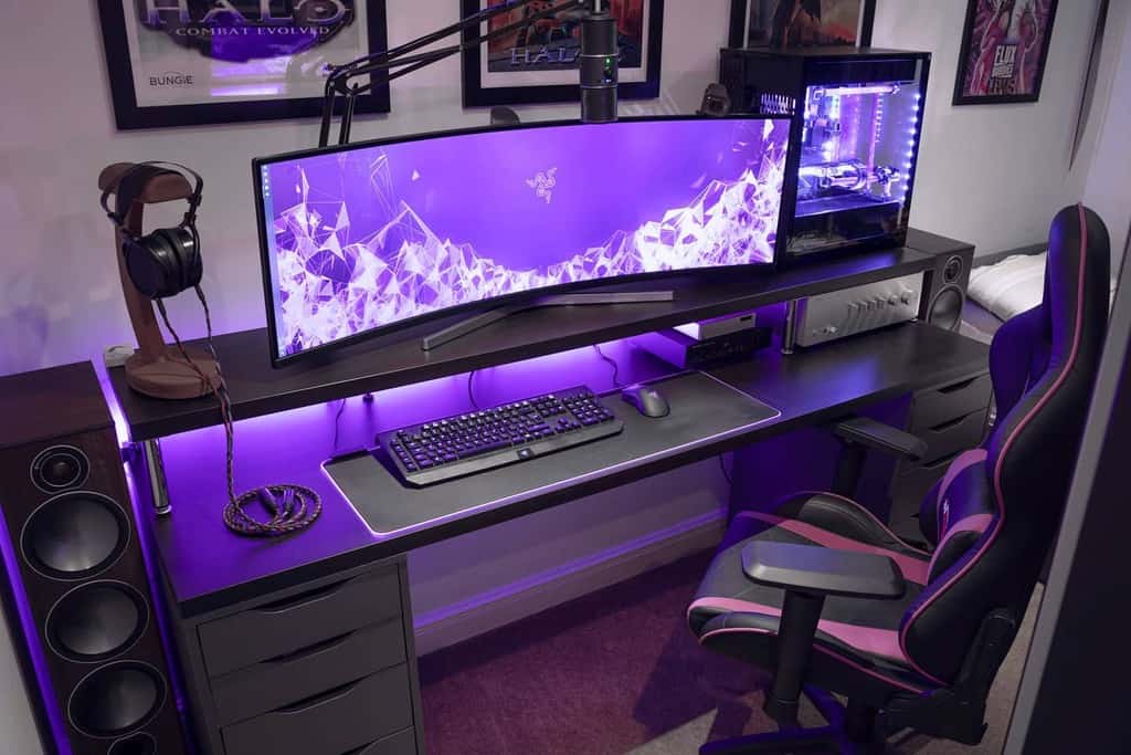 desk set up with illuminated keyboard 