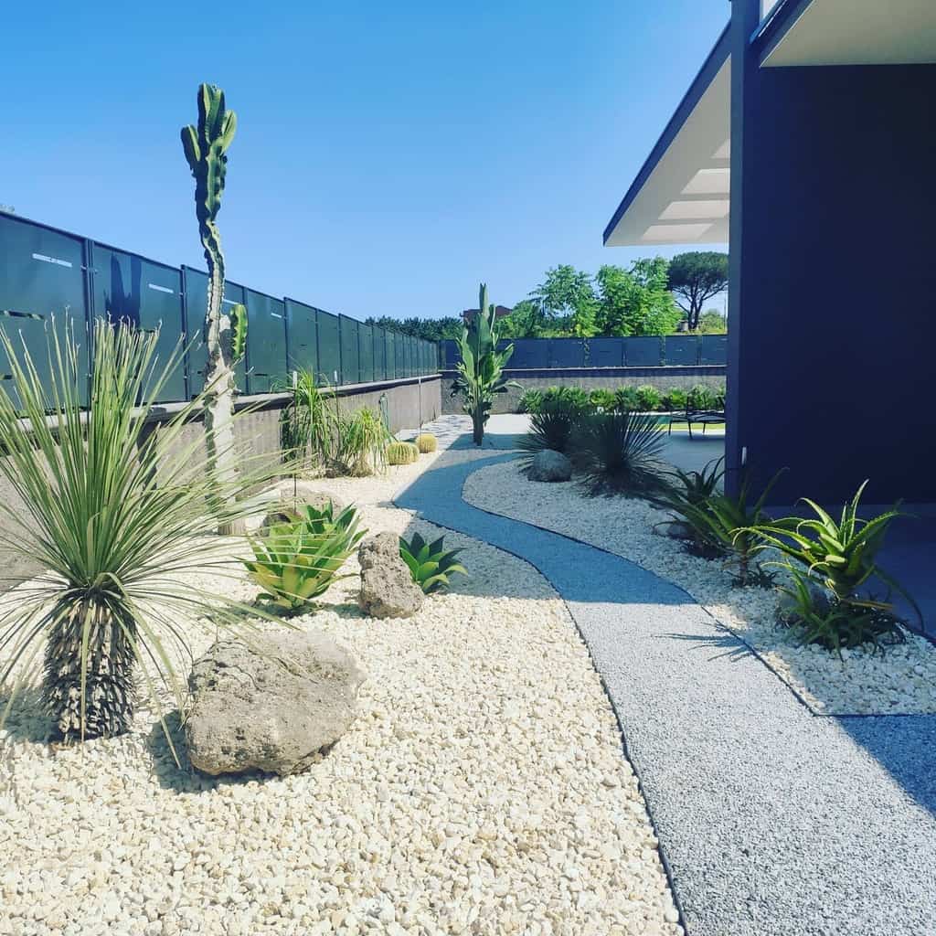 Sleek modern xeriscape with a curved gravel walkway, drought-tolerant plants, tall cacti, and decorative rocks under a clear blue sky