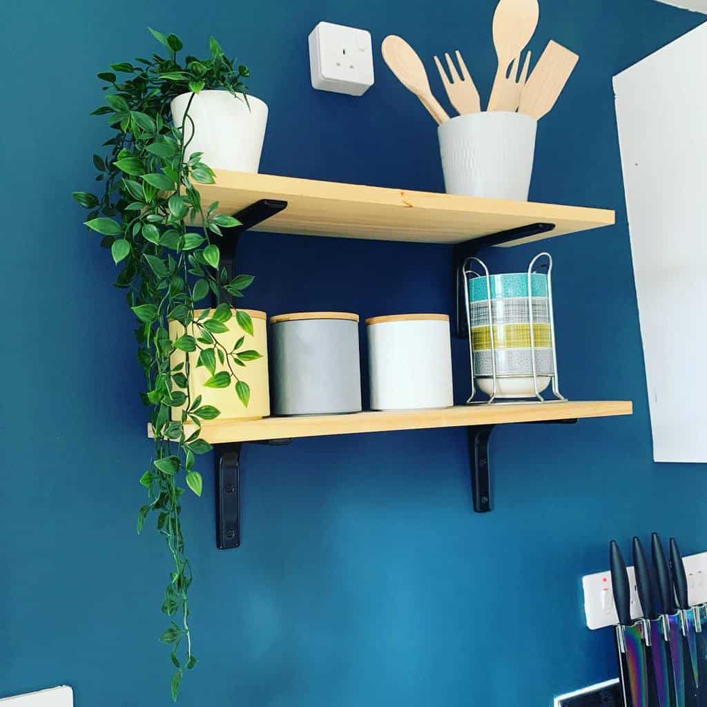 Wooden shelves on a blue wall with potted plant, kitchen canisters, utensils, and knife rack