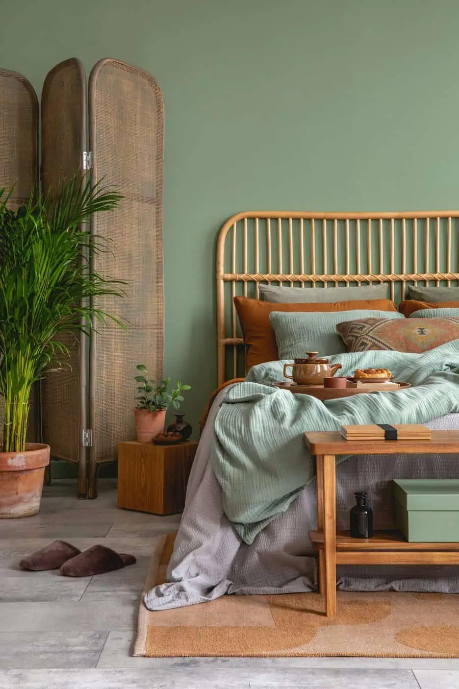 Boho coastal bedroom with a rattan headboard, sage green bedding, and natural wood accents, creating a relaxed and airy vibe