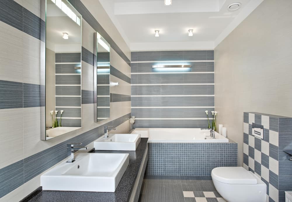 Modern,Bathroom,In,Blue,And,Gray,Tones,With,Mosaic,On