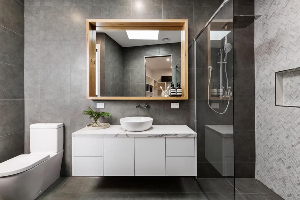Modern,Grey,Designer,Bathroom,With,Herringbone,Shower,Tiling