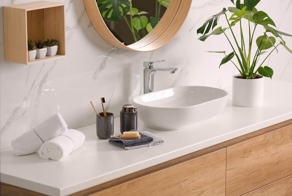 bathroom with sink in a toiletries and stylish vessel sink on light countertop
