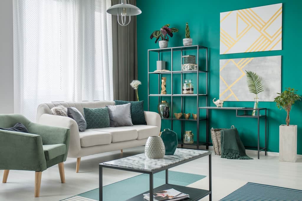 bedroom interior with jewel tone color accent wall