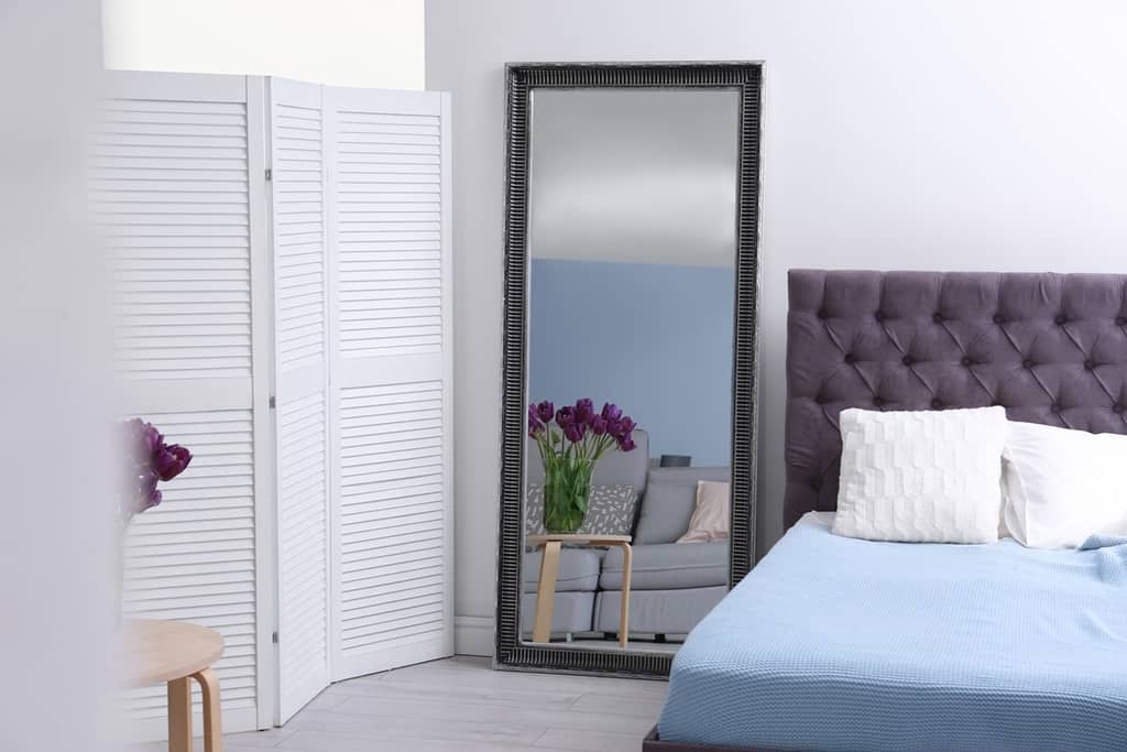 bedroom interior with large mirror