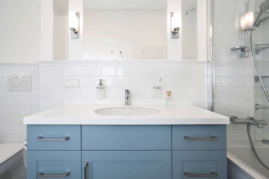 classical white bathroom with sink interior with blue cabinet