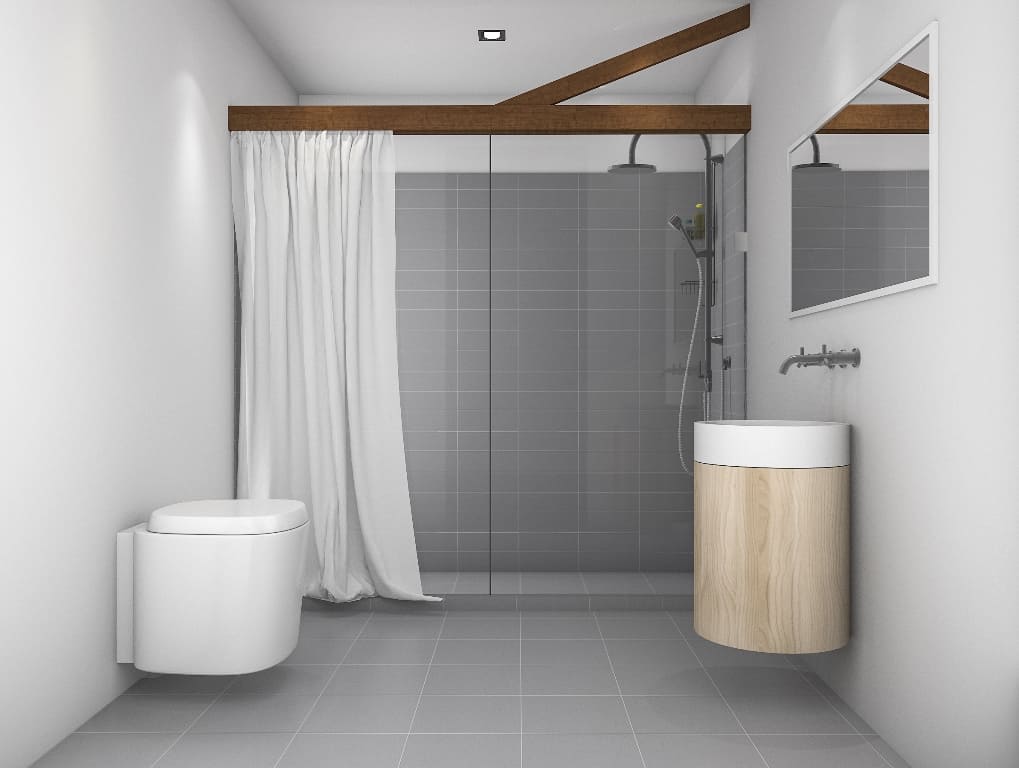 grey tone bathroom and toilet with shower curtain