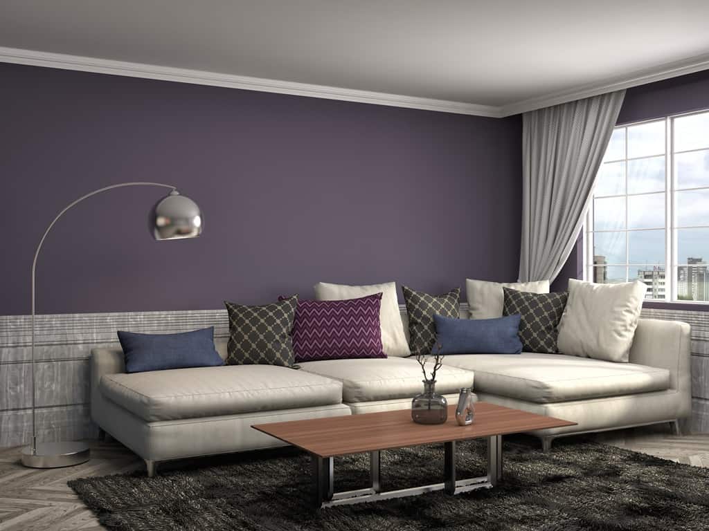 living room interior with blackberry wine color accent wall