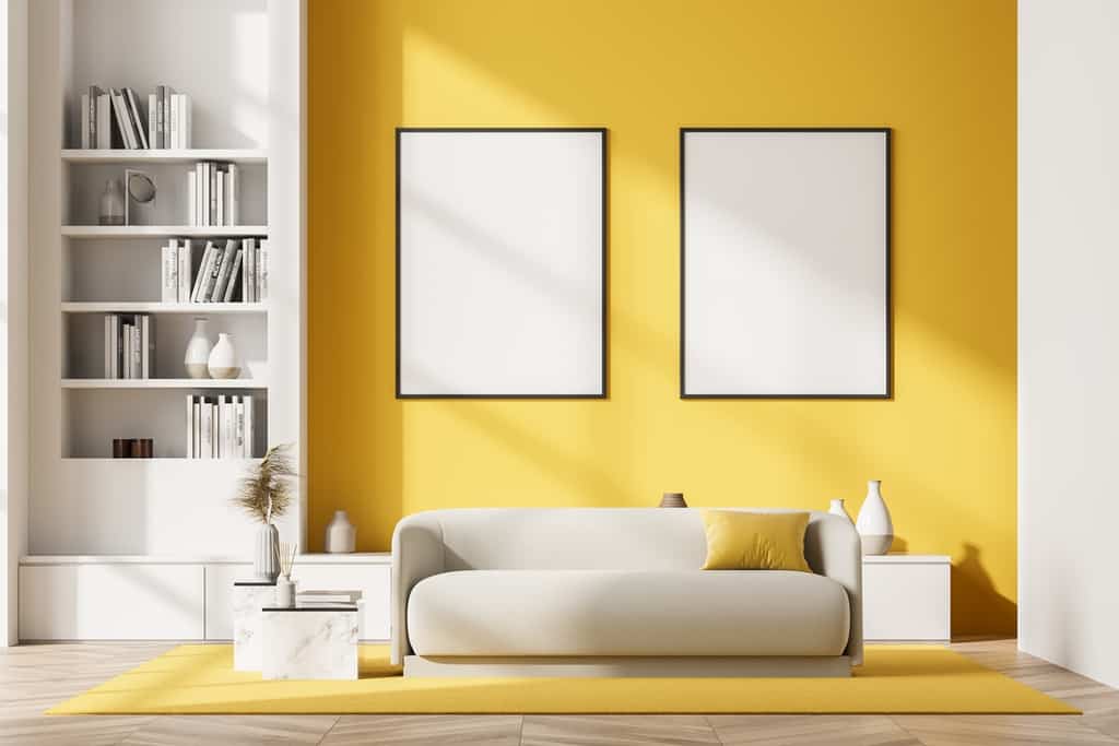 living room interior with butter yellow accent wall