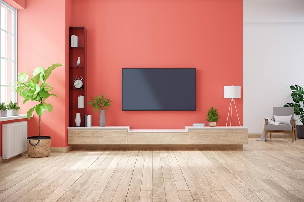 living room interior with coral pink accent wall