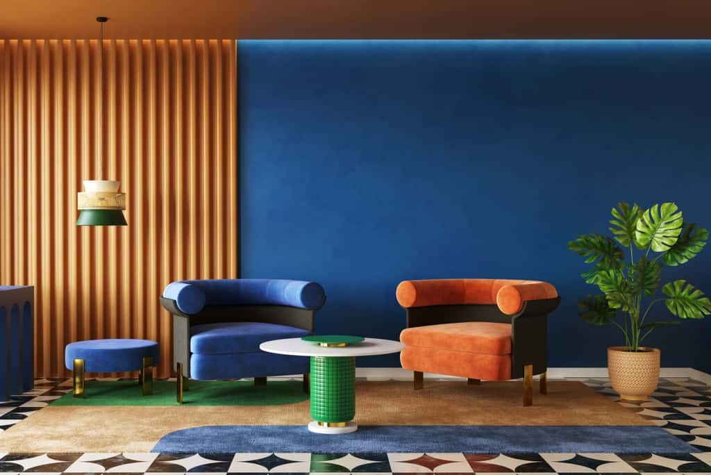 living room interior with deep blue color accent wall