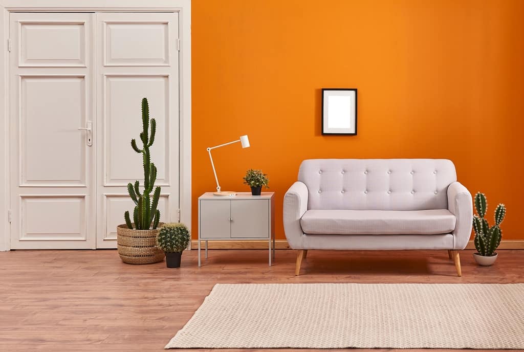 living room interior with persimmon orange accent wall