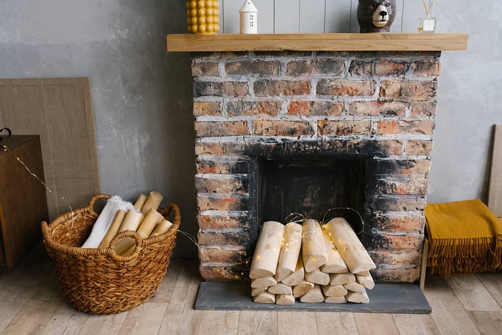 unused fireplace with fake logs and string lights