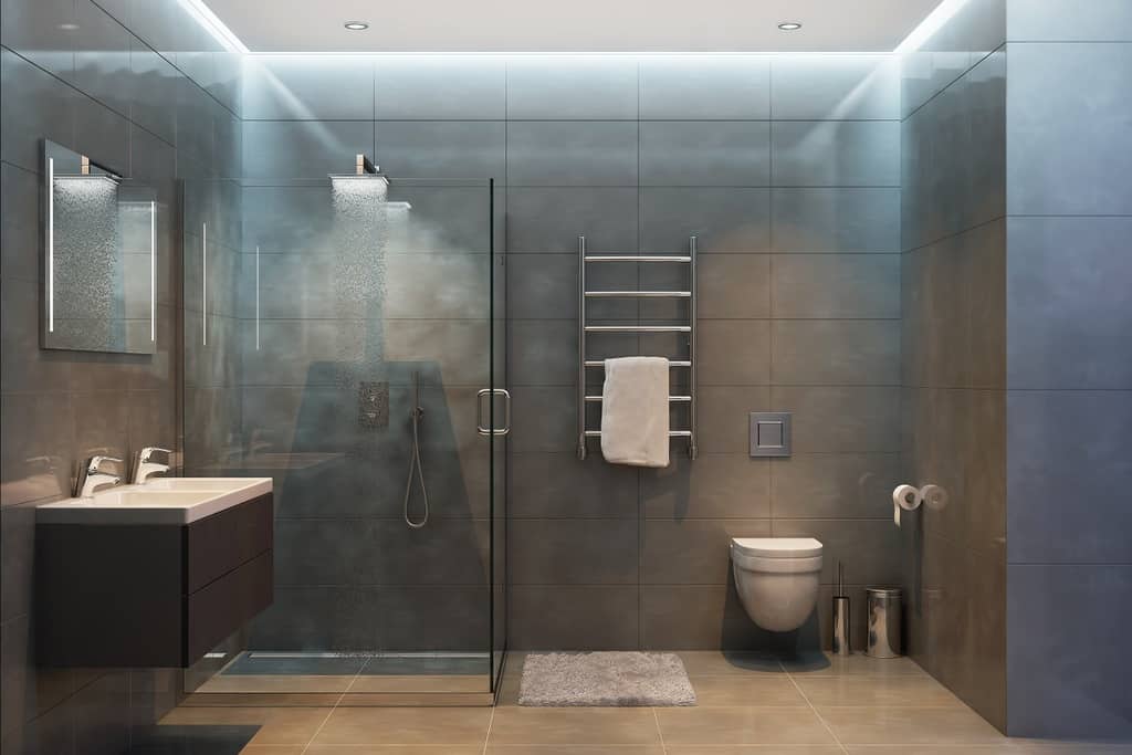 gray modern shower room with beige tile bathroom