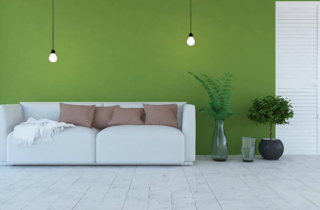green living room with grey floors