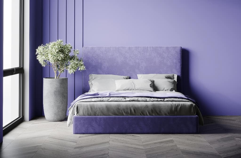 lavender bedroom with grey floors