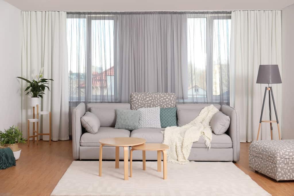 living room interior with styling curtains