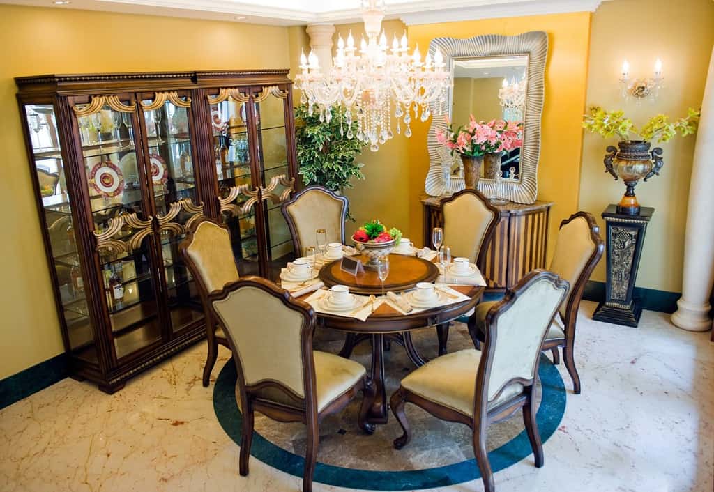 luxury home dining room with chandelier