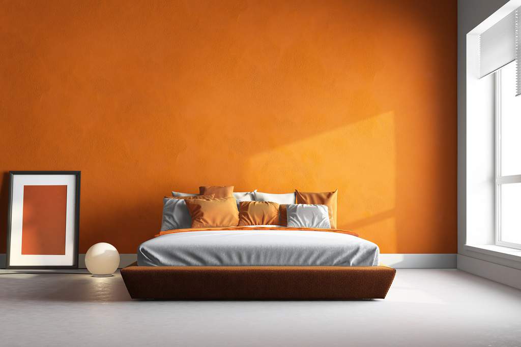 rust orange color bedroom with cherry furniture