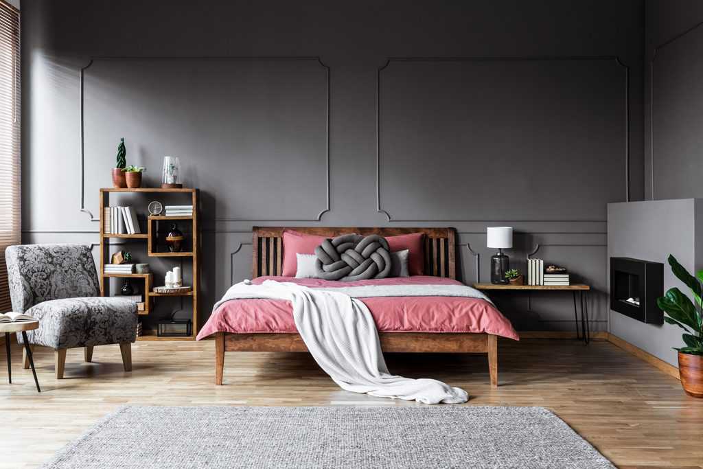 warm gray color bedroom with cherry furniture