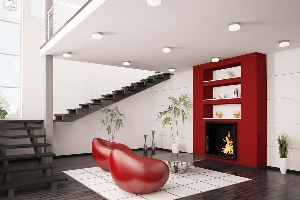 living room interior with red color fireplace