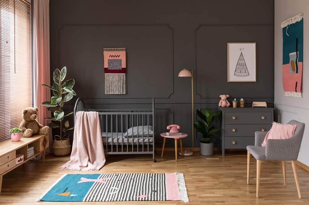 living room on grey wall with pink curtains