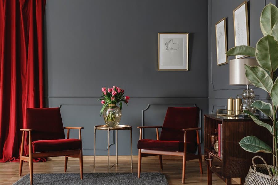 red color furniture goes with gray walls