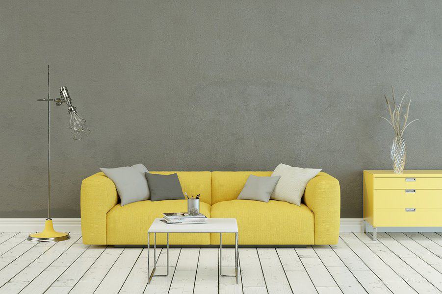 yellow color furniture goes with gray walls