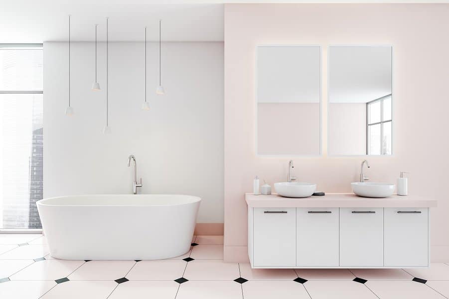 pink in color paint with black and white tile bathroom