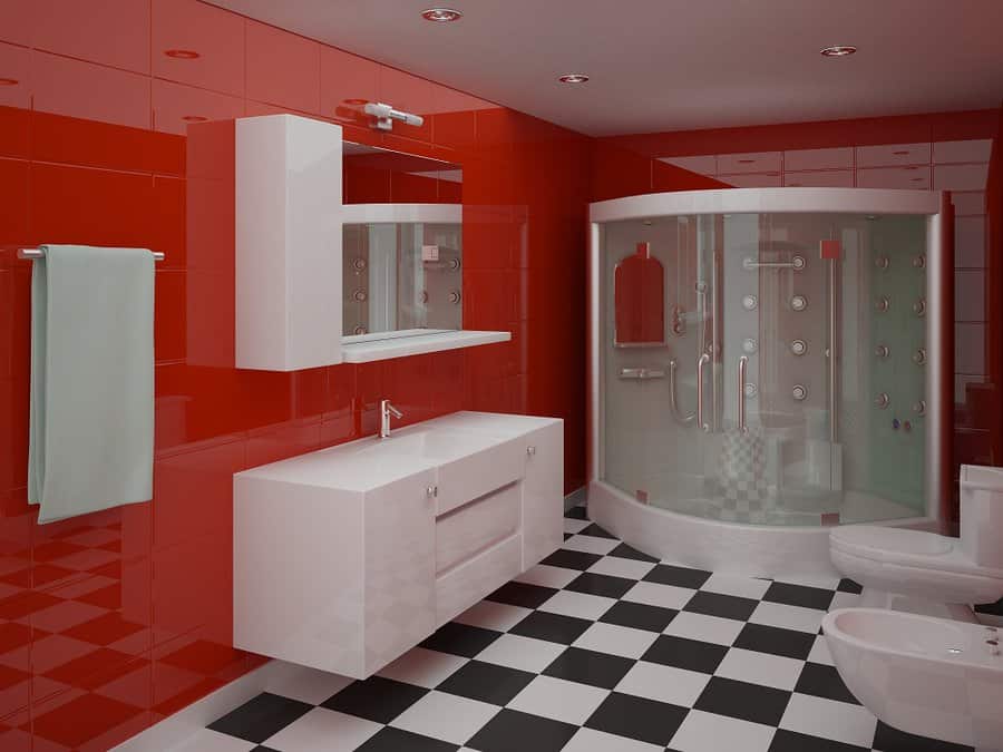 red color paint with black and white tile bathroom