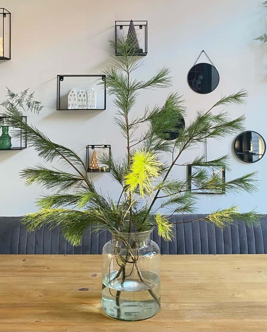 Vase with pine branches on a wooden table, against a wall with decorative shelves, small trees, and circular mirrors