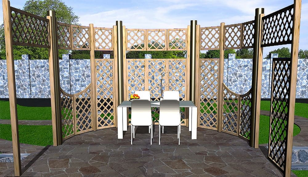 Outdoor dining area with a wooden lattice privacy screen, modern white chairs, and a sleek table, creating a stylish and semi-enclosed garden retreat