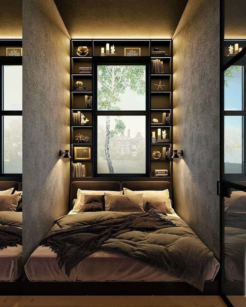 Modern bedroom with built-in illuminated shelving around a window, creating a cozy and stylish space with functional storage