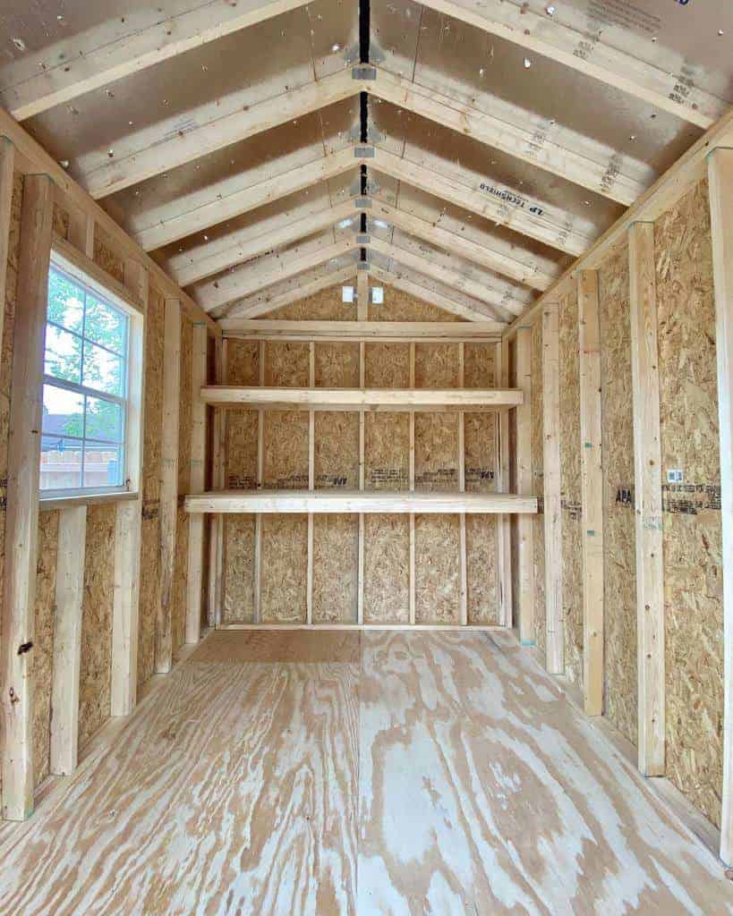 Interior of an unfinished wooden shed with exposed studs, a window on the left, and two shelves on the back wall under a pitched roof