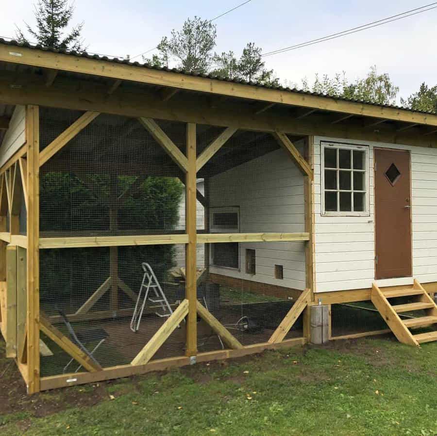 Wooden chicken coop with a fenced enclosure, steps leading to a brown door, and a slanted roof; grass and trees in the background