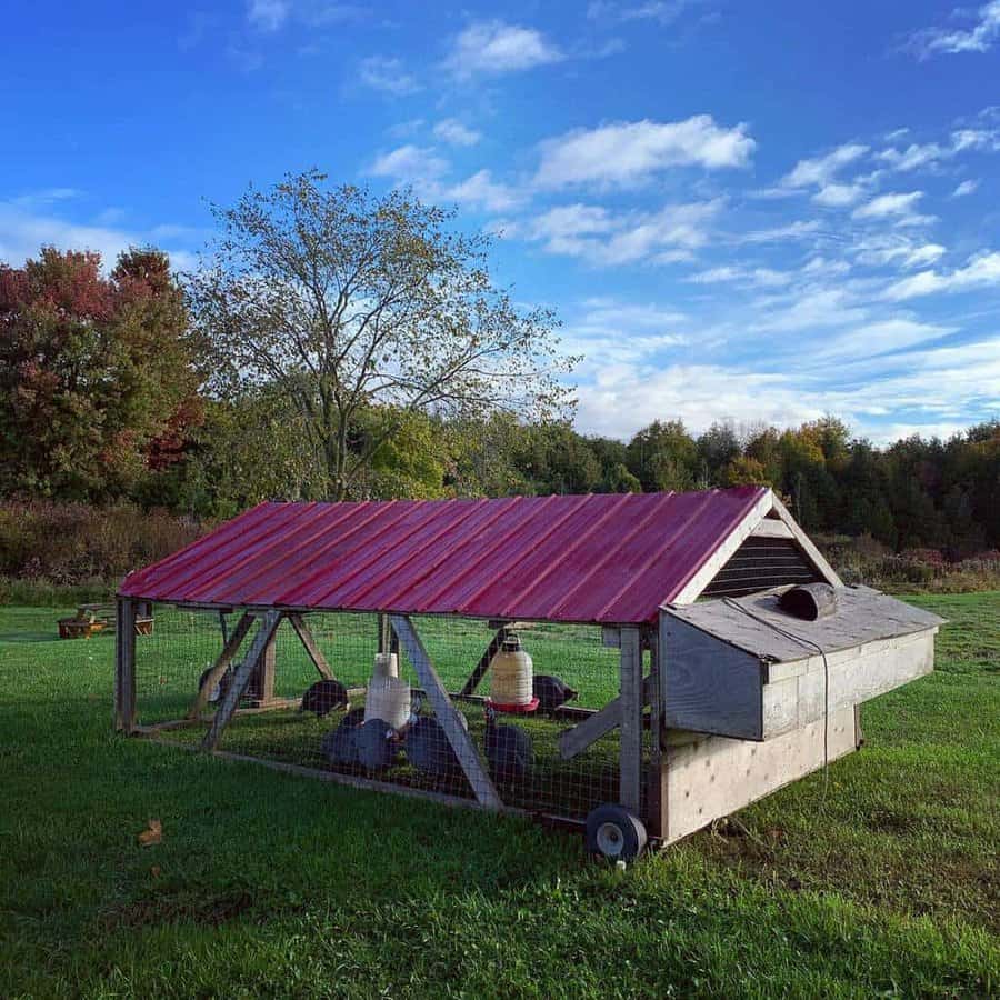 Movable chicken coop with a red metal roof, wire mesh sides, and nesting boxes, set on a grassy field with wheels for easy transport