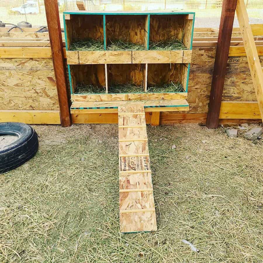 Wooden chicken coop with six nesting boxes and a ramp, filled with hay, situated in a fenced outdoor area