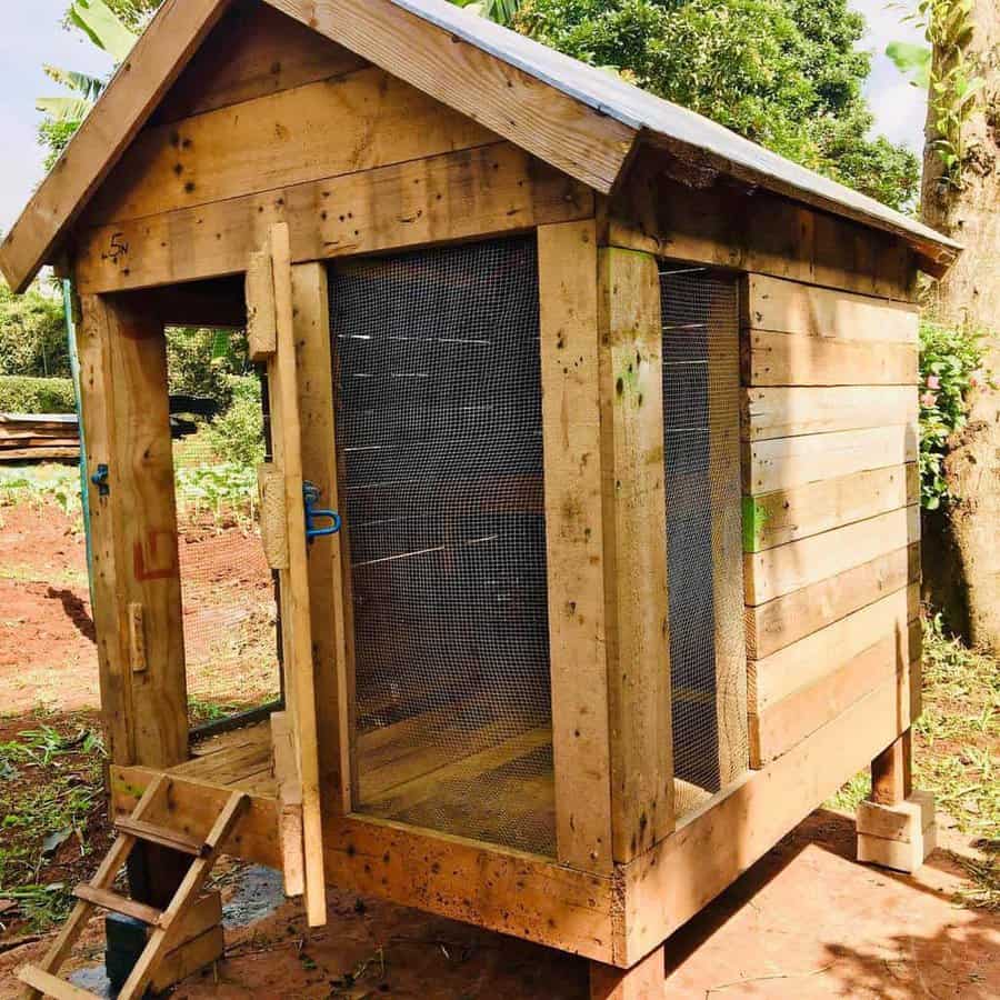 Rustic wooden chicken coop made from repurposed pallets, featuring mesh windows, a slanted roof, and a small wooden ramp