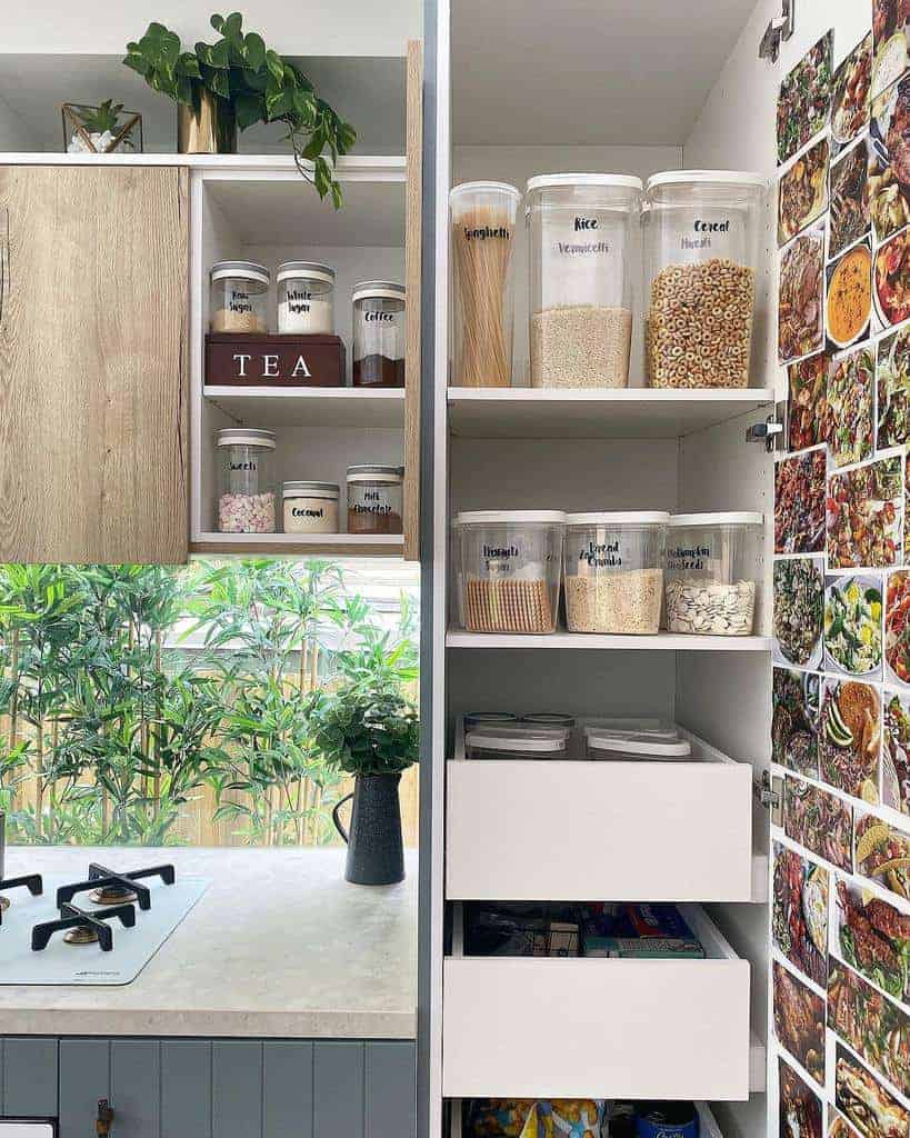 Kitchen pantry with labeled containers of grains, cereals, and pasta; nearby shelves hold jars of tea and spices; greenery outside