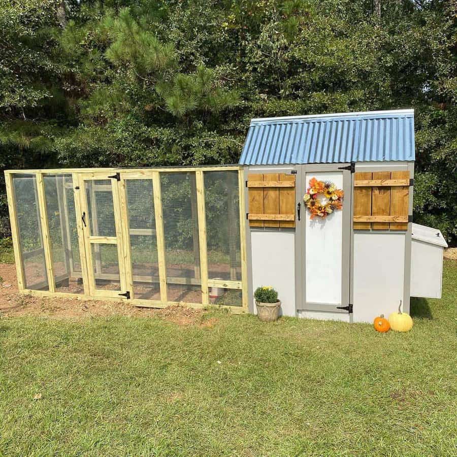 A small chicken coop with a blue roof, wooden and mesh enclosure, decorated with a wreath and pumpkins, trees in the background