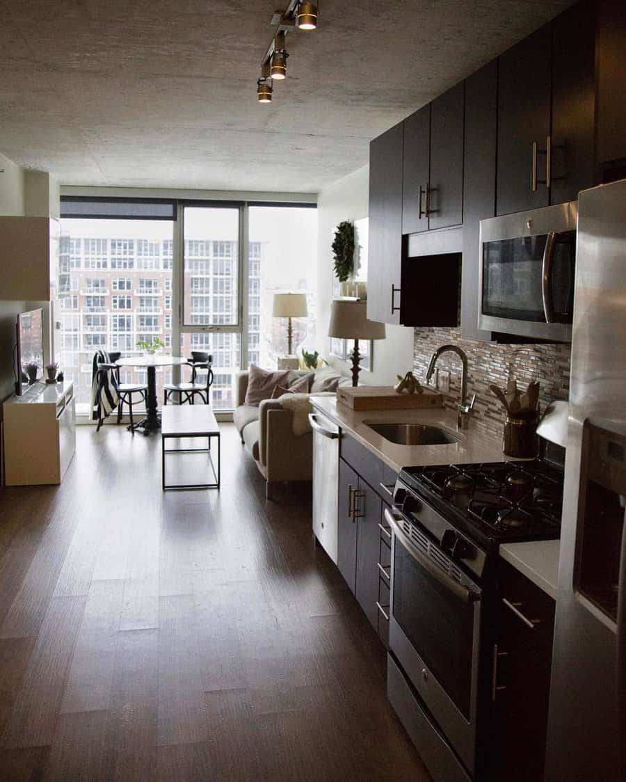 Cozy open-concept apartment with a sleek kitchen, dark cabinets, and a bright living area with floor-to-ceiling windows