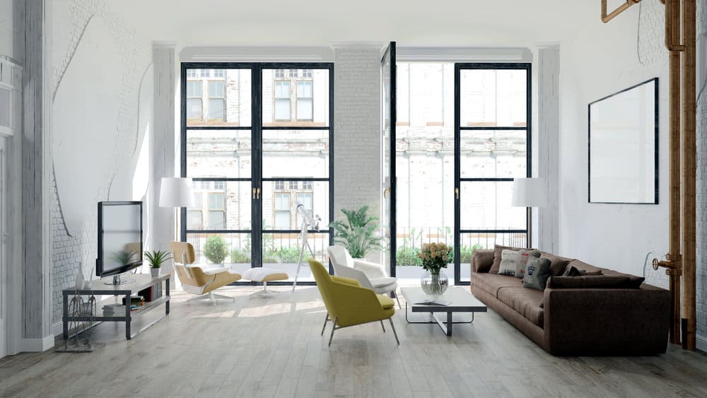 rustic living room with floor to ceiling windows